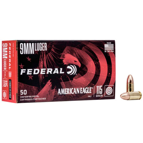 FEDERAL AMMO American Eagle 9mm 115gr FMJ Ammunition | 50 Rounds for sale at KYGUNCO.