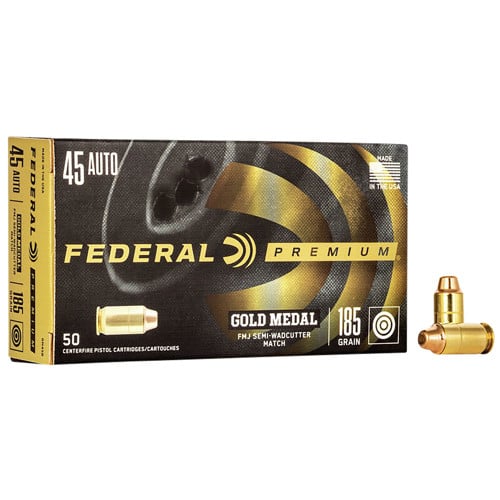 FEDERAL AMMO Premium Gold Medal 45ACP 185gr Full Metal Jacket Semi Wadcutter Ammunition | 50 Rounds for sale at KYGUNCO.