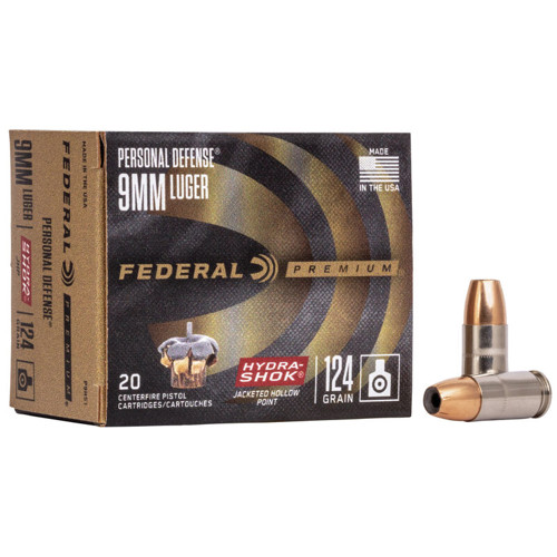 FEDERAL AMMO Hydra-Shok Personal Defense 9mm 124gr Jacketed Hollow Point Ammunition | 20 Rounds