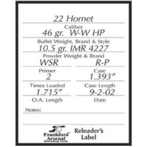 FRANKFORD ARSENAL Pistol and Rifle Reloader's Labels - 100 Pack for sale at KYGUNCO.