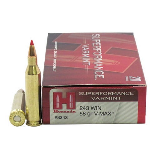 HORNADY SuperFormance Varmint 243 WIN 58Gr V-MAX Brass Rifle Ammunition | 20 Rounds for sale at KYGUNCO.